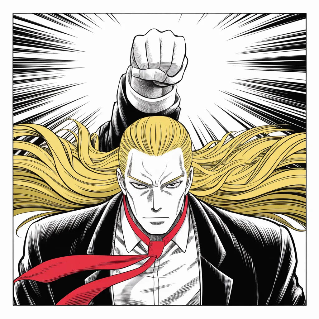 Manga panel 2 of 5, Week 53 “The Pledge and the Empty Room”: imposing older man with a sweeping golden pompadour mane, heavy brow, small intense eyes, strong jowled jaw, long dark suit, very long red necktie flowing like a battle banner shot from below across…