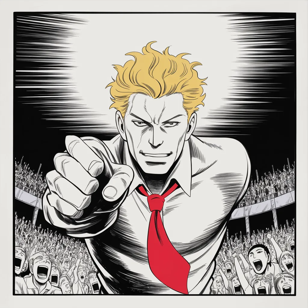 Manga panel 2 of 5, Week 54 “The Omen Across the Sea”: low angle shot from below: an imposing older man with a sweeping golden pompadour mane haloed in stage light, strong jowled jaw set, arm thrust forward in declaration across the middle band of the…
