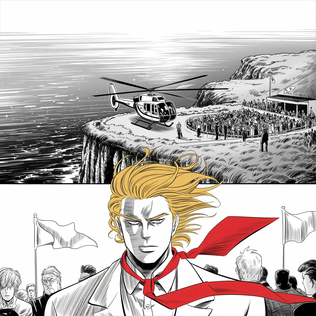 Manga panel 3 of 5, Week 54 “The Omen Across the Sea”: gray dawn over a windswept Scottish coast: a helicopter settles onto a clifftop golf resort like a landing war banner across the middle band of the square frame as an imposing older man with a…