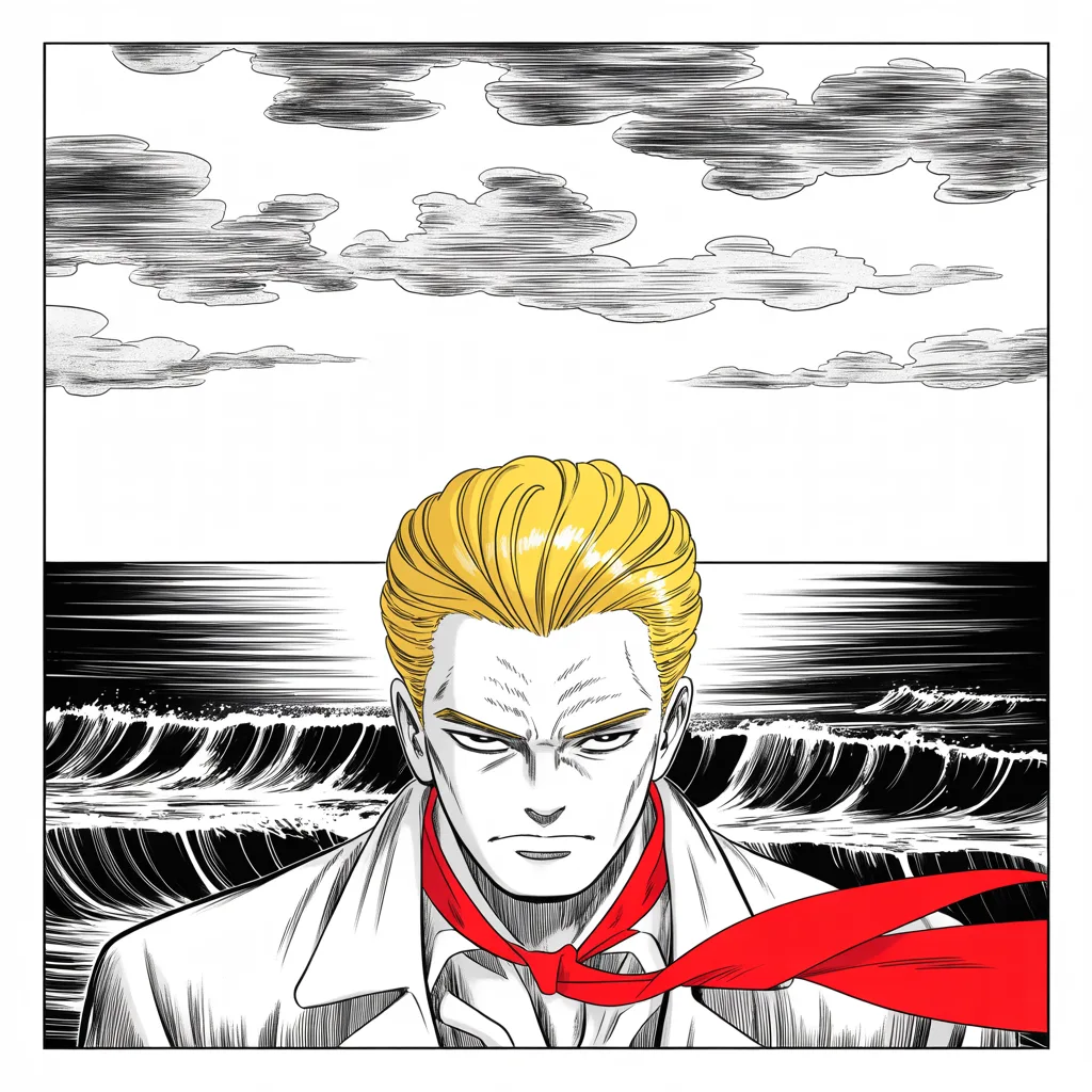 Manga panel 4 of 5, Week 54 “The Omen Across the Sea”: an imposing older man with a sweeping golden pompadour mane stands alone on a sea cliff at dawn in the lower half of the square frame, heavy brow, small intense eyes fixed on the crashing waves…