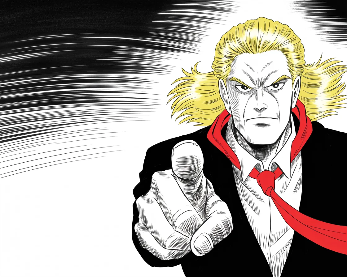 low angle shot from below, an imposing older man with a sweeping golden pompadour mane haloed in hard light, heavy brow, small intense eyes, strong jowled jaw, very long red necktie flowing like a battle banner, finger thrust forward in accusation, speed lines converging on his pointing hand