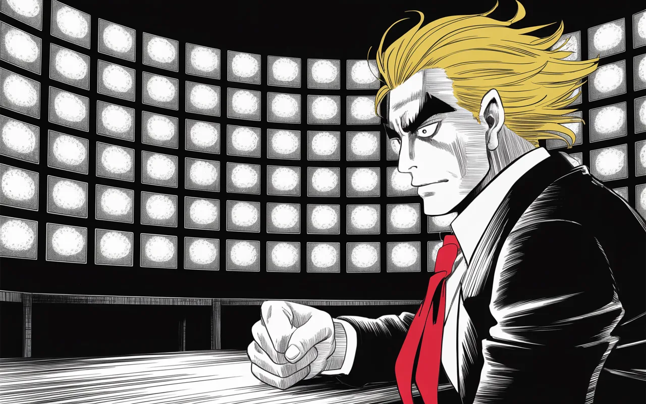 dark tower office lit only by a wall of glowing television monitors, an imposing older man with a sweeping golden pompadour mane watching in silhouette, heavy brow shadowed, small intense eyes catching the screen glare, clenched fist on the desk, halftone static glow filling the room