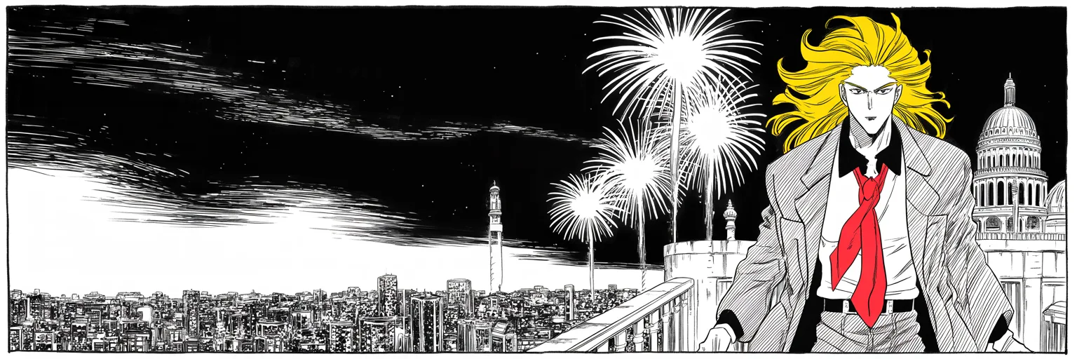 fireworks bursting white against a black night sky over a city skyline, an imposing older man with a sweeping golden pompadour mane standing on a tower balcony, very long red necktie streaming in the wind, arm raised toward the distant glowing capital dome, heavy halftone smoke drifting