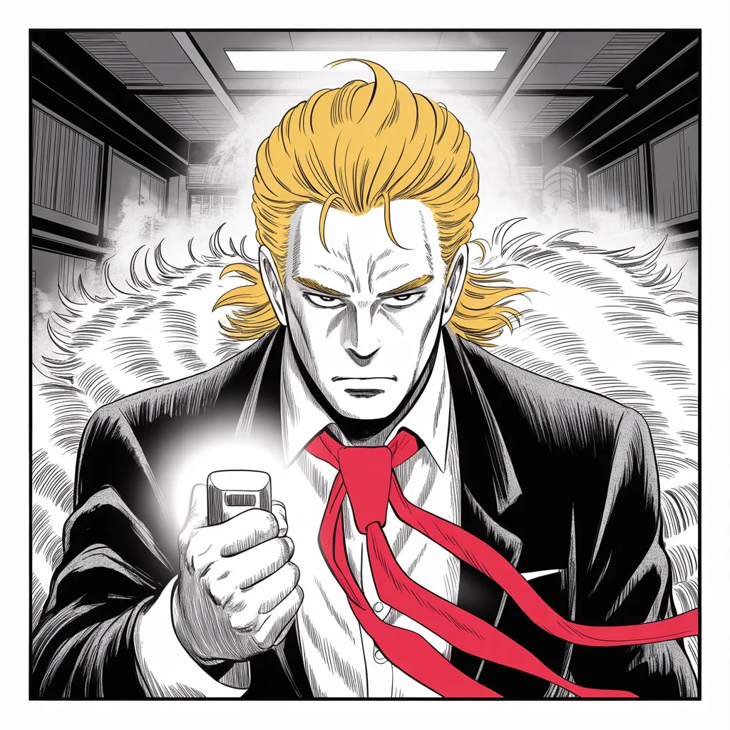 Manga panel 2 of 5, Week 56 “The Verdict and the Wound”: imposing older man with a sweeping golden pompadour mane, heavy brow, small intense eyes, strong jowled jaw, long dark suit, very long red necktie flowing like a battle banner, fist clenched around…