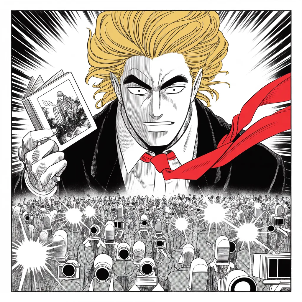 Manga panel 3 of 5, Week 56 “The Verdict and the Wound”: imposing older man with a sweeping golden pompadour mane, heavy brow, small intense eyes, strong jowled jaw, long dark suit, very long red necktie flowing like a battle banner brandishes a picture…