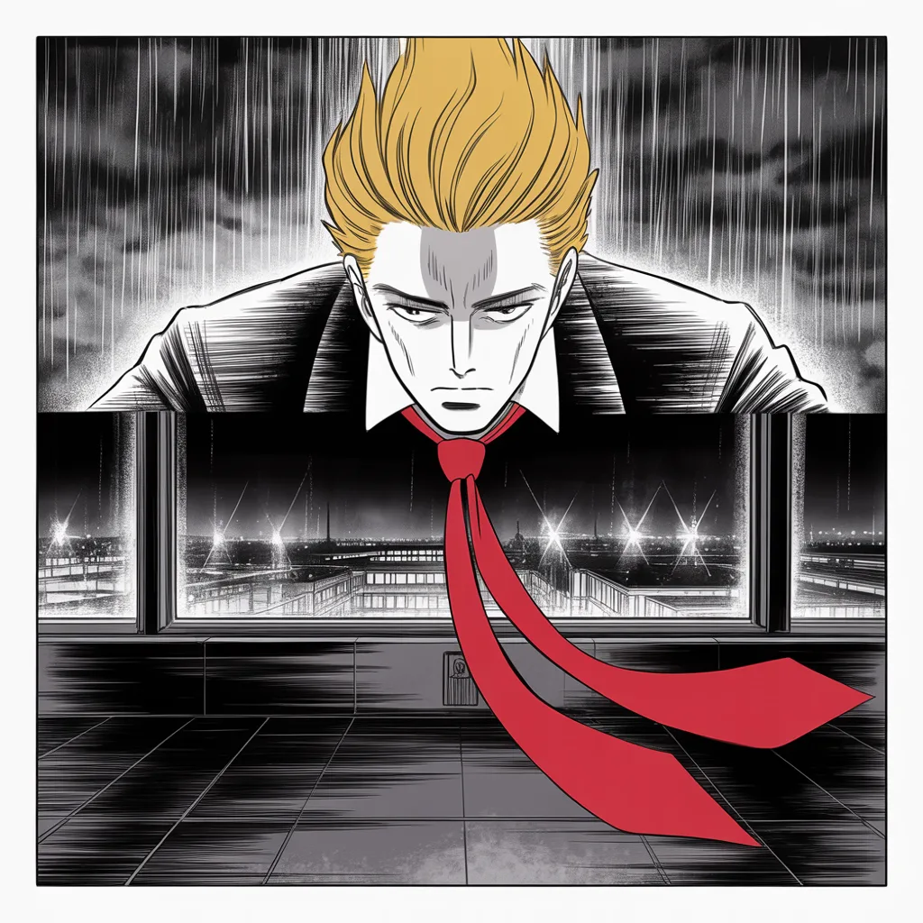 Manga panel 4 of 5, Week 56 “The Verdict and the Wound”: imposing older man with a sweeping golden pompadour mane, heavy brow, small intense eyes, strong jowled jaw, long dark suit, very long red necktie flowing like a battle banner stands at a darkened…