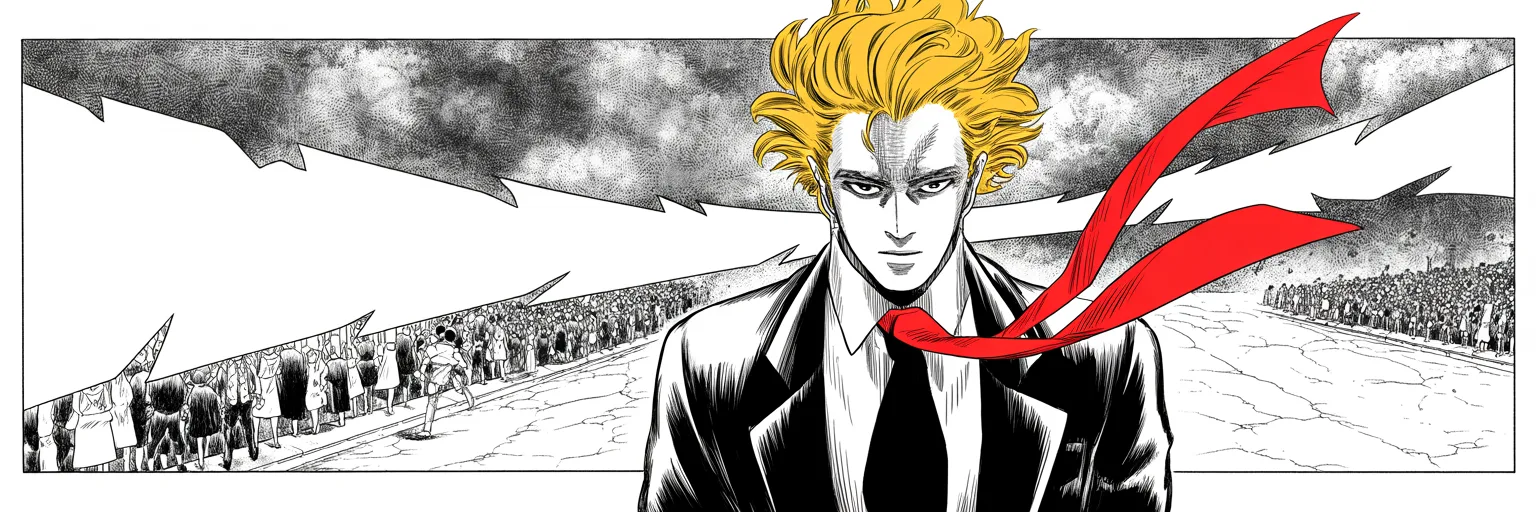 Manga panel 5 of 5, Week 56 “The Verdict and the Wound”: ultra-wide: imposing older man with a sweeping golden pompadour mane, heavy brow, small intense eyes, strong jowled jaw, long dark suit, very long red necktie flowing like a battle banner shot from…