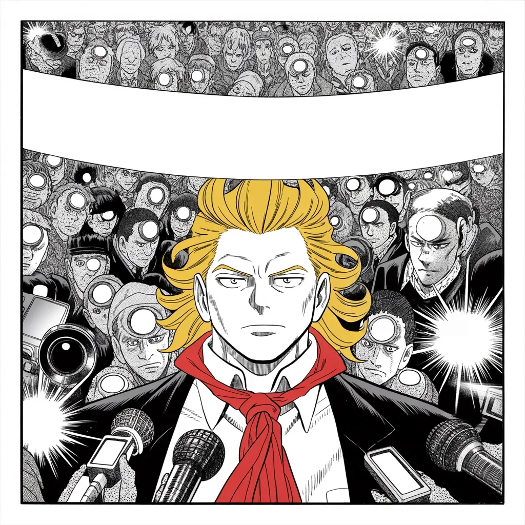 Manga panel 2 of 5, Week 58 “The Crown of Cleveland”: Square panel: a crowd of featureless figures with camera lenses for faces and a microphone thicket pressing in from the lower edges of the frame with flash bursts, an imposing older man with a…
