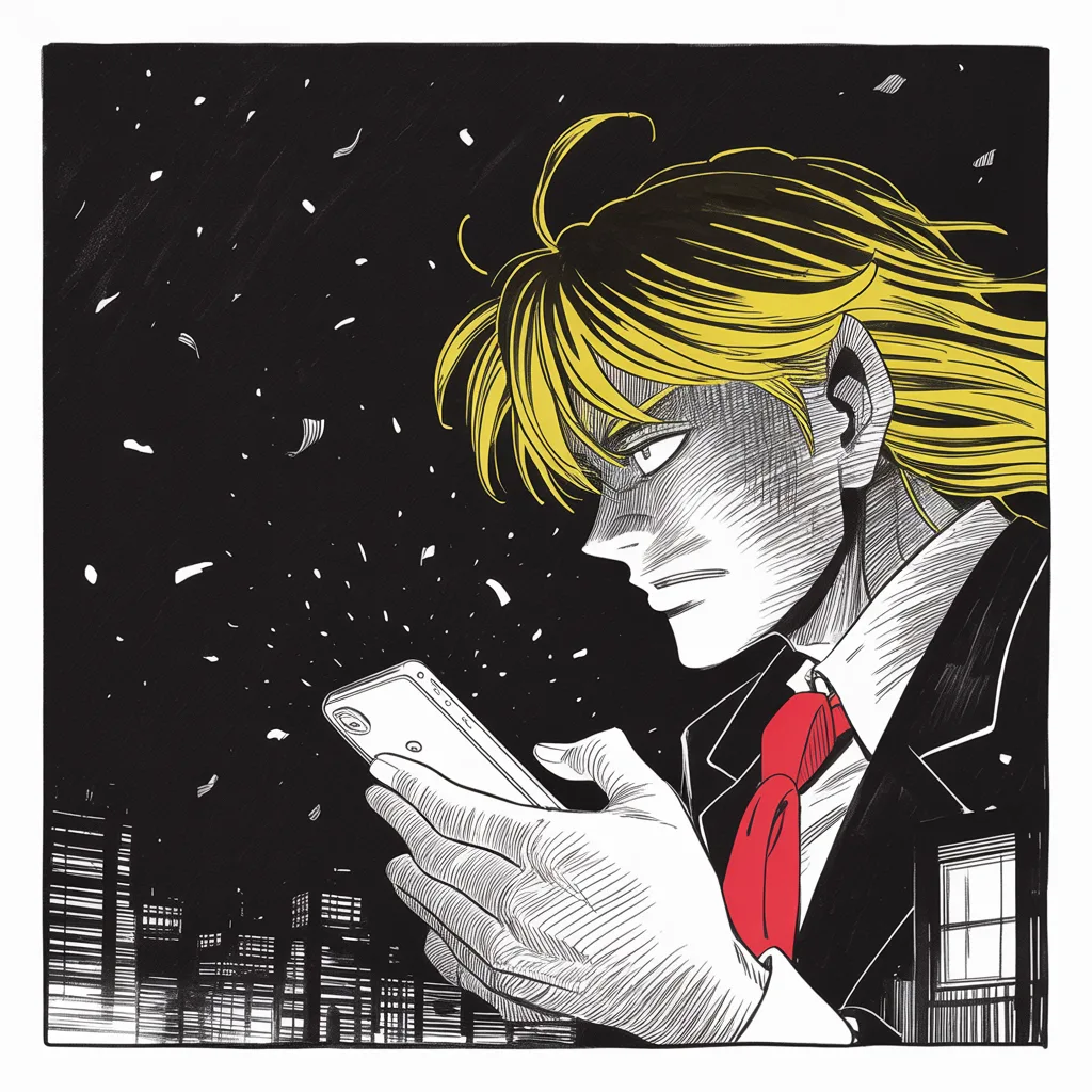 Manga panel 4 of 5, Week 58 “The Crown of Cleveland”: Square panel: heavy thumbs over a glowing phone screen in a pitch-dark room, rendered small and confined to the bottom right corner of the frame, the light carving a strong jowled jaw and sweeping…