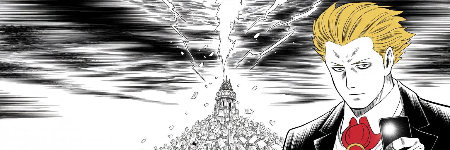 Manga panel 5 of 5, Week 58 “The Crown of Cleveland”: an imposing older man with a sweeping golden pompadour mane, heavy brow, small intense eyes lit from below by a glowing phone standing on the right third of the frame; behind him at the center a…