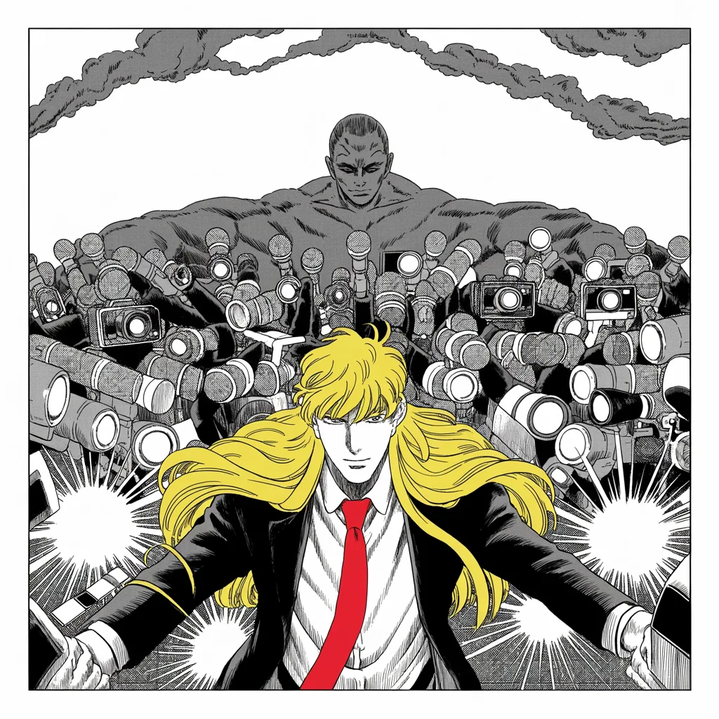 crowd of featureless figures with camera lenses for faces pressing forward in a microphone thicket, flash bursts, an imposing older man with a sweeping golden pompadour mane standing unmoved at the center, arms spread wide, heavy halftone shadow rising behind him like an eastern storm