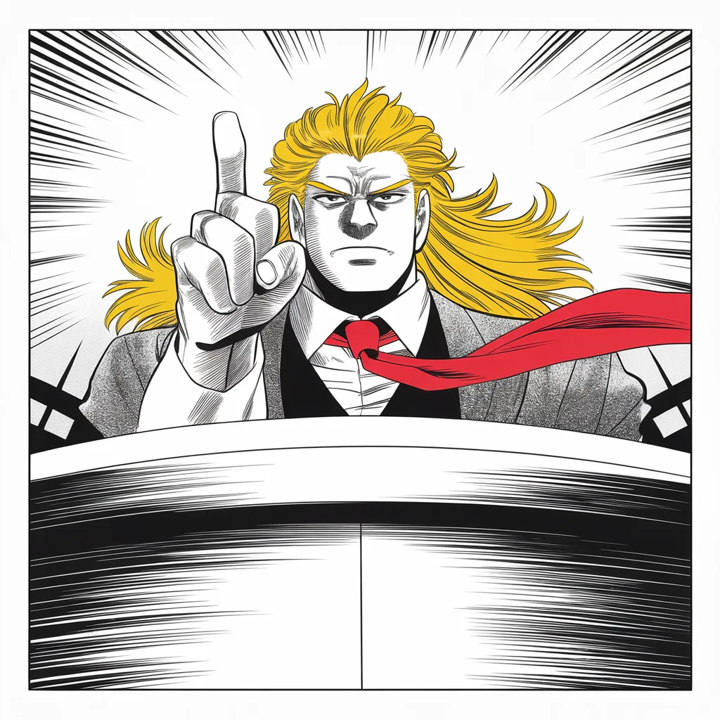 an imposing older man with a sweeping golden pompadour mane, heavy brow, very long red necktie flowing like a battle banner, shot from below at a podium, mane haloed by floodlights, one finger raised toward the sky, speed lines exploding outward