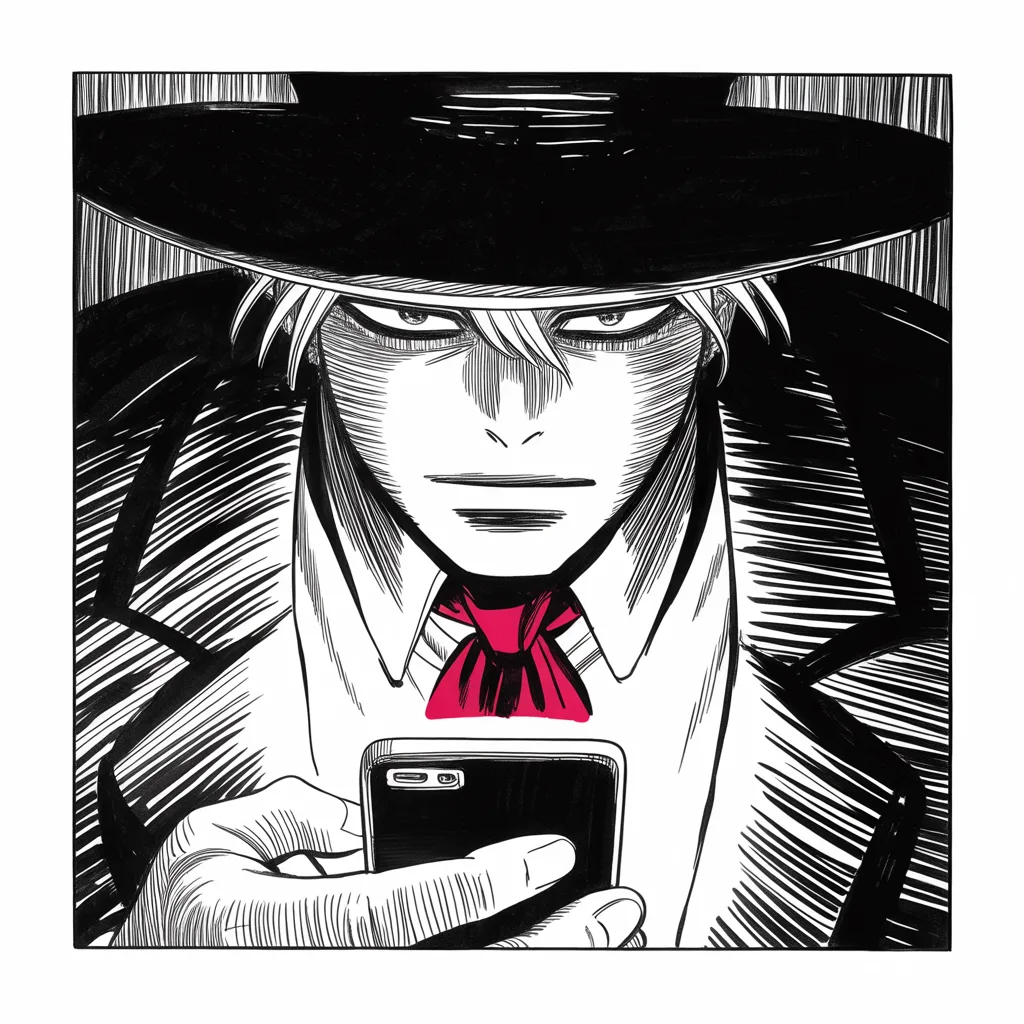 extreme close-up of thumbs over a glowing phone screen in total darkness, the light carving a heavy jowled jaw and small intense eyes from the black, heavy halftone screentone gloom pressing in from every edge