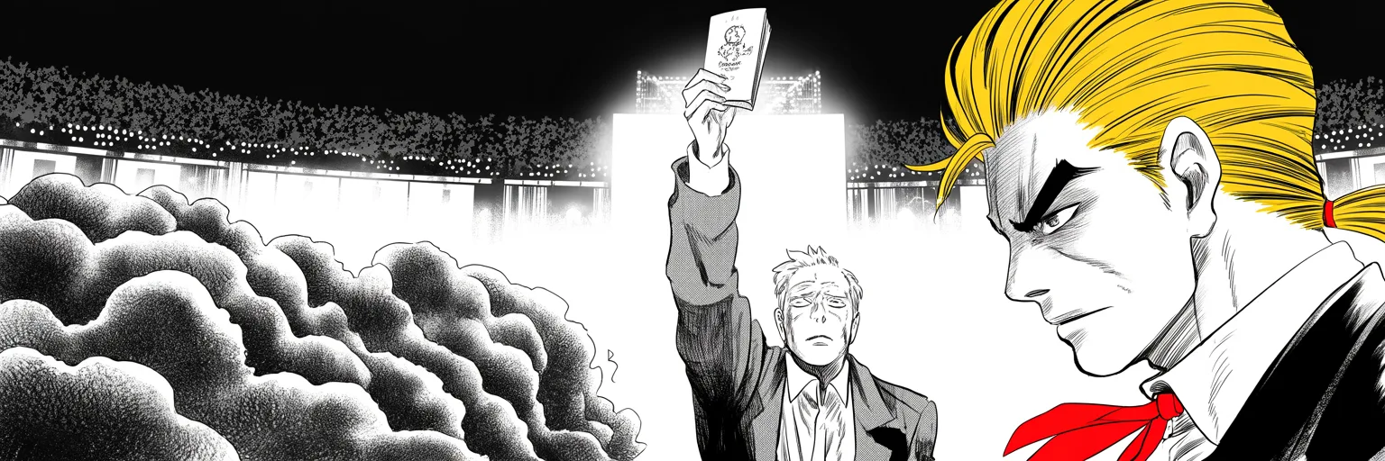 split composition, a dignified grieving elderly man raising a small booklet aloft on a distant floodlit convention stage, and in the foreground an imposing older man with a sweeping golden pompadour mane turning to strike back, eyes shadowed under his brow, dark halftone clouds massing