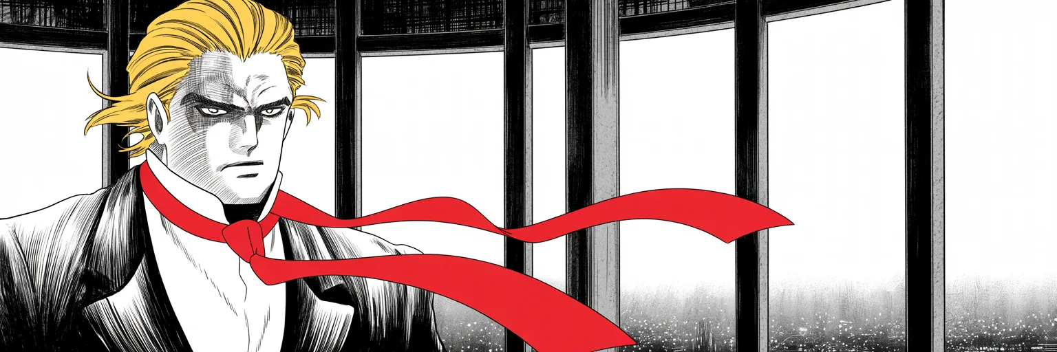 Manga panel 1 of 4, Week 60 “The War With No Referee”: imposing older man with a sweeping golden pompadour mane, heavy brow, small intense eyes, strong jowled jaw, long dark suit, very long red necktie flowing like a battle banner stands at a…