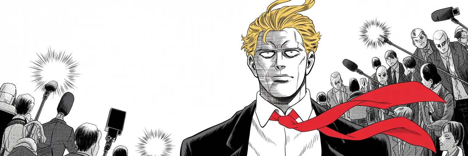 Manga panel 4 of 4, Week 60 “The War With No Referee”: imposing older man with a sweeping golden pompadour mane, heavy brow, small intense eyes, strong jowled jaw, long dark suit, very long red necktie flowing like a battle banner stands alone at the…