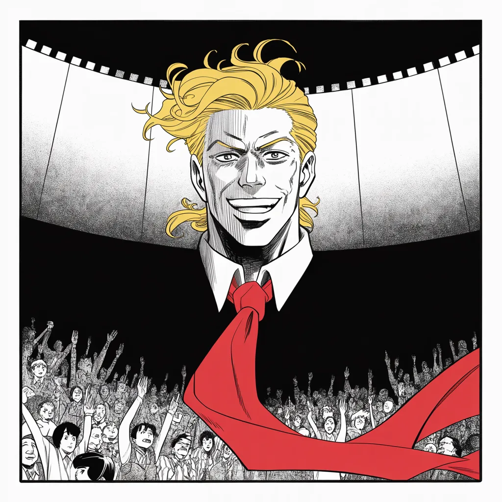 Manga panel 3 of 5, Week 61 “The Two-Front War”: Square panel: imposing older man with a sweeping golden pompadour mane grinning wide at a floodlit rally in the lower half of the frame, arms thrown open to halftone masses of cheering crowd along…
