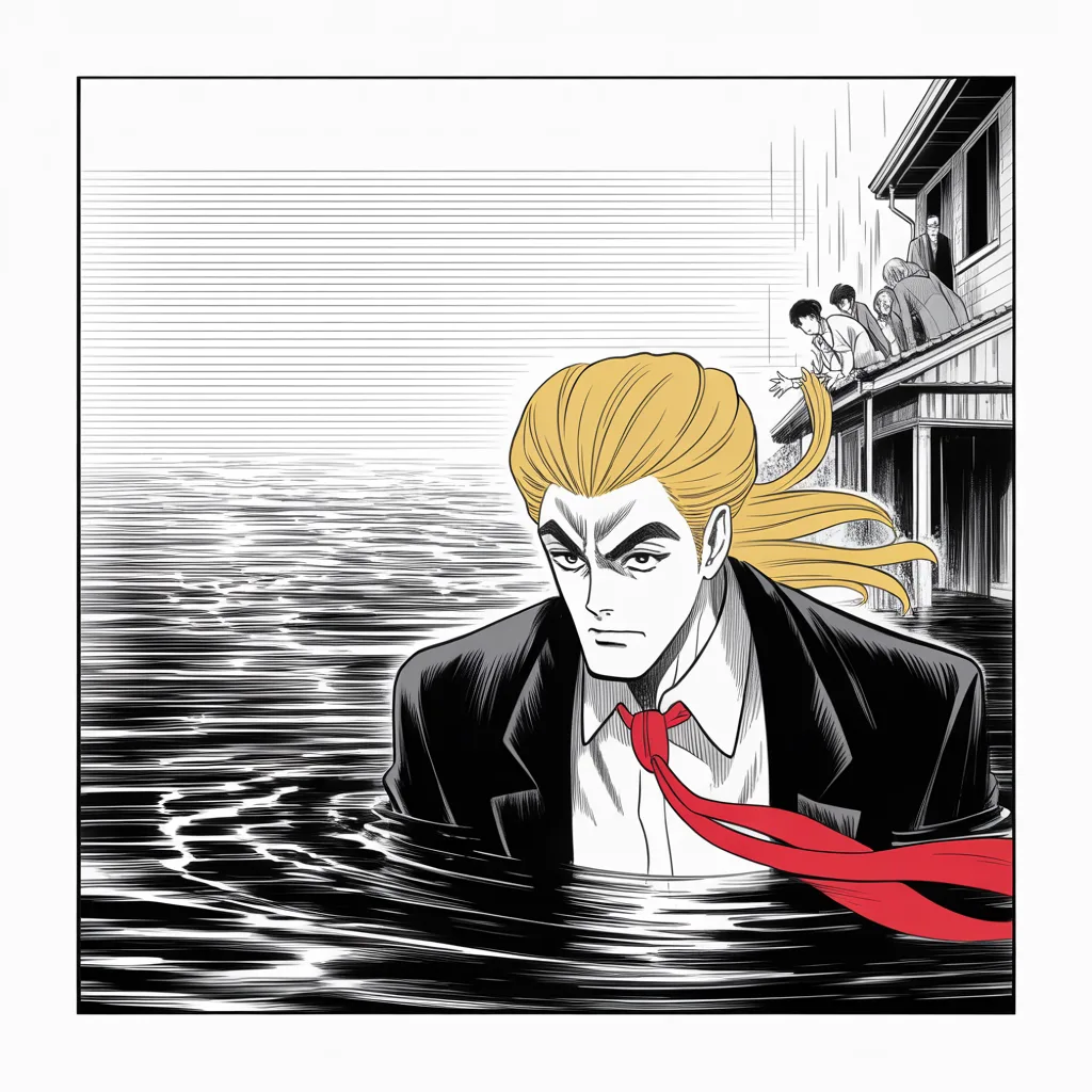 Manga panel 3 of 5, Week 62 “Into the Floodwaters”: Square panel: imposing older man with a sweeping golden pompadour mane, heavy brow, small intense eyes, strong jowled jaw, long dark suit, very long red necktie flowing like a battle banner wading a…