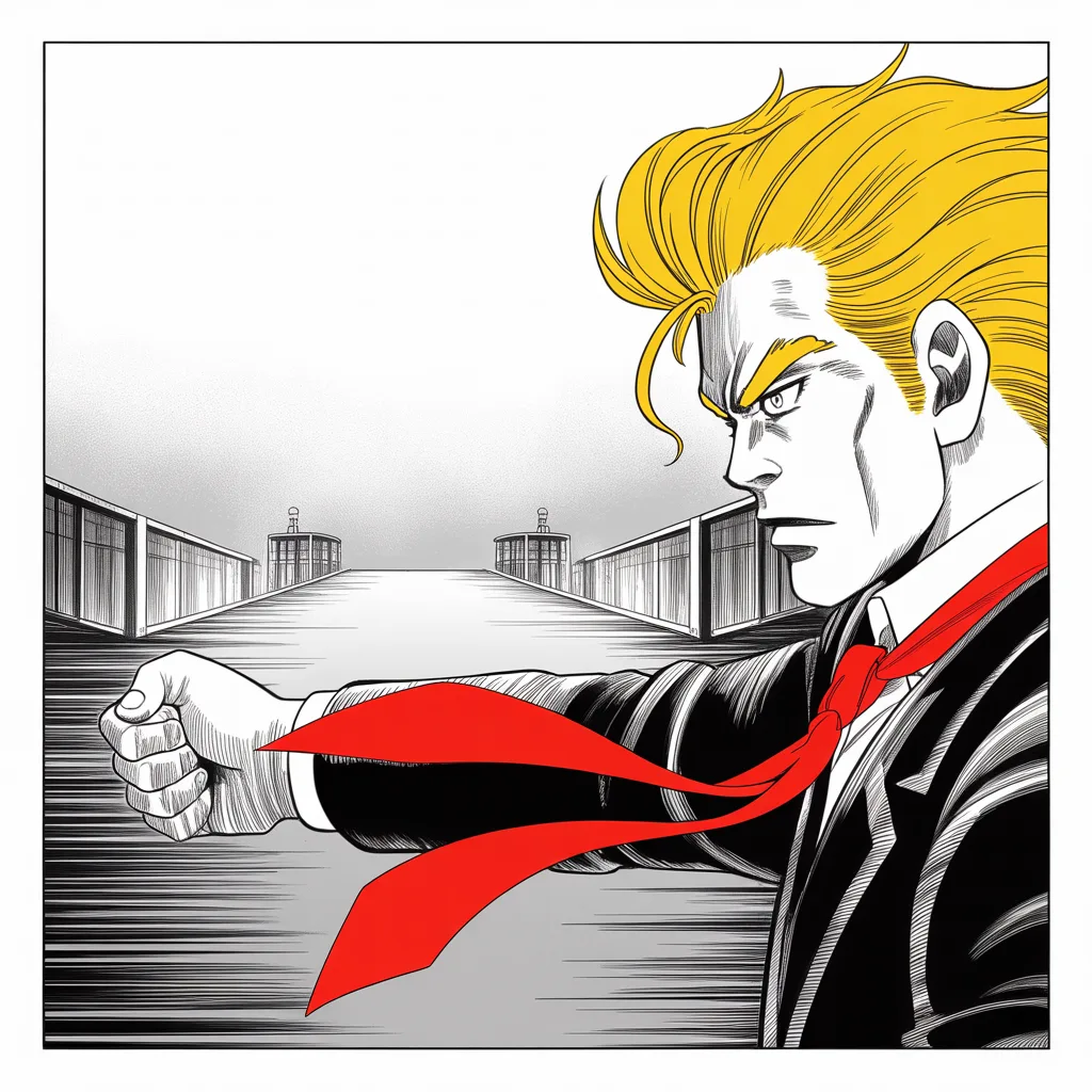 Manga panel 4 of 5, Week 63 “Too Little, Too Late!”: Square panel: facing podiums like a dueling ground in the lower half of the frame, imposing older man with a sweeping golden pompadour mane, heavy brow, small intense eyes, strong jowled jaw, long…