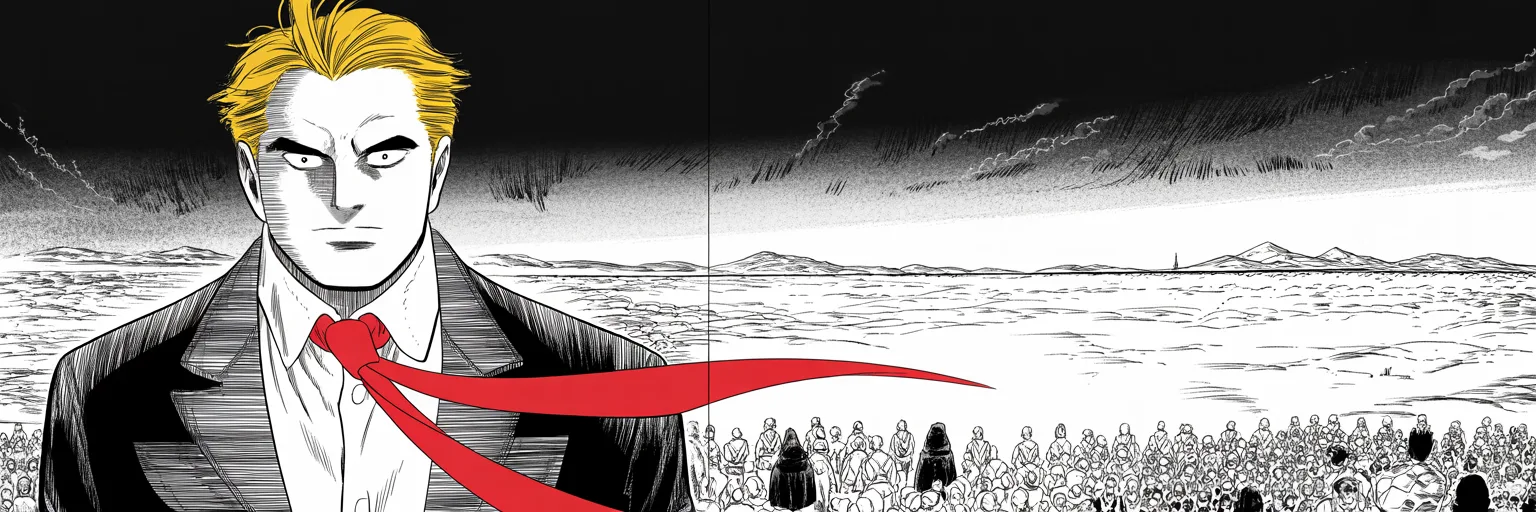 Manga panel 5 of 5, Week 63 “Too Little, Too Late!”: imposing older man with a sweeping golden pompadour mane, heavy brow, small intense eyes, strong jowled jaw, long dark suit, very long red necktie flowing like a battle banner stands on the left…