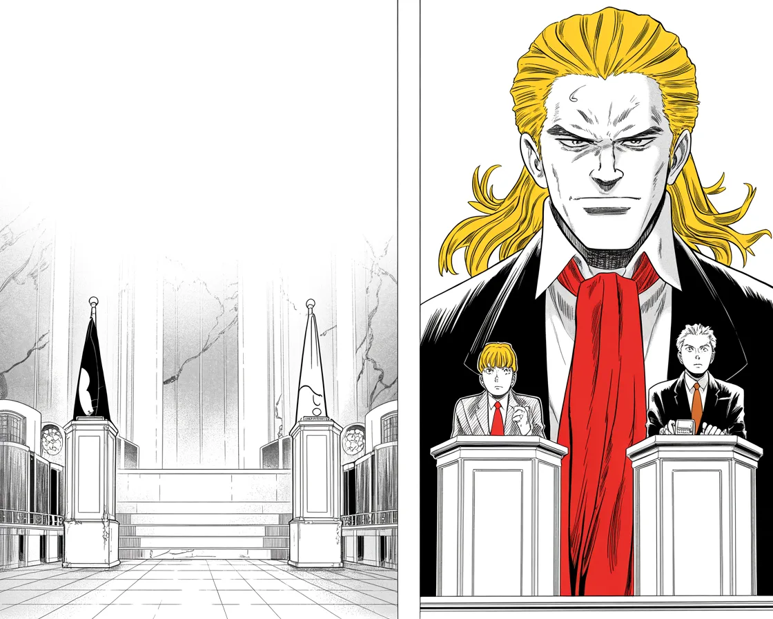 imposing older man with a sweeping golden pompadour mane, heavy brow, small intense eyes, strong jowled jaw, long dark suit, very long red necktie flowing like a battle banner beside a dignified foreign president at twin podiums in an ornate marble hall, two flag stands, tall framing