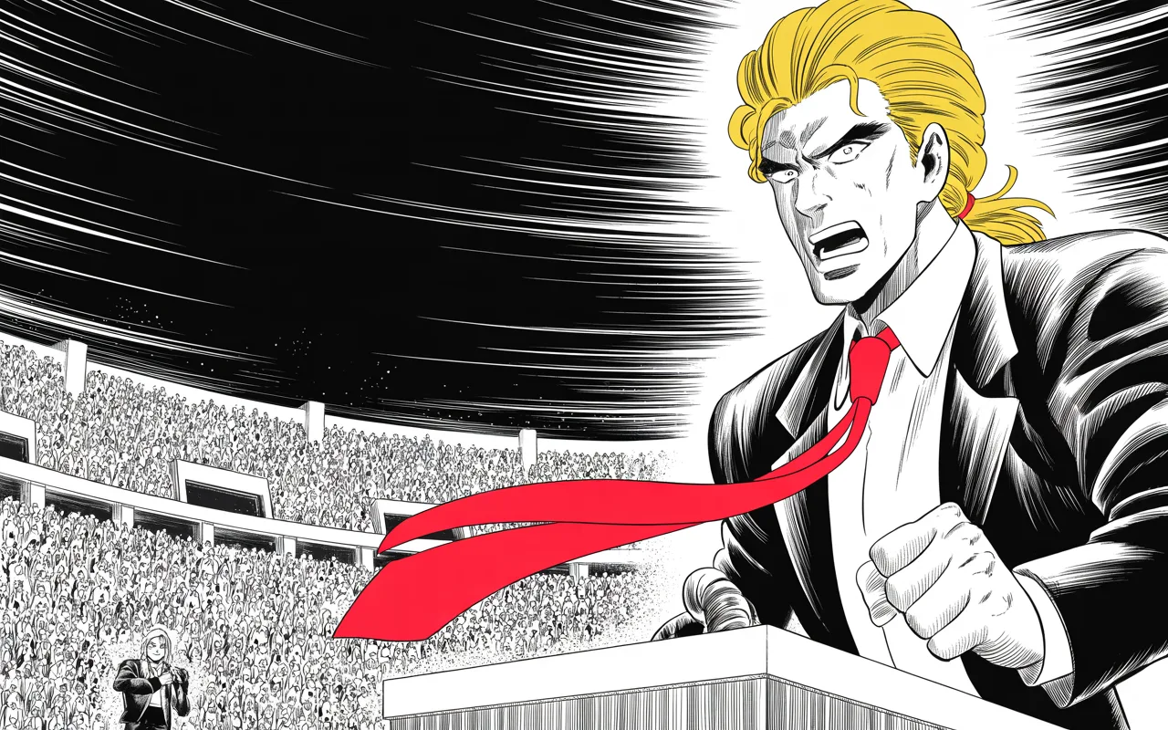 shot from below, imposing older man with a sweeping golden pompadour mane, heavy brow, small intense eyes, strong jowled jaw, long dark suit, very long red necktie flowing like a battle banner roars at a podium, fist raised, mane haloed, vast halftone arena crowd, speed lines