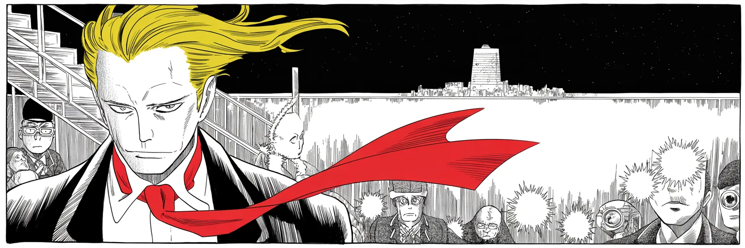 imposing older man with a sweeping golden pompadour mane, heavy brow, small intense eyes, strong jowled jaw, long dark suit, very long red necktie flowing like a battle banner descends aircraft stairs at night, flash bursts from faceless lens-eyed press, distant fortress tower skyline