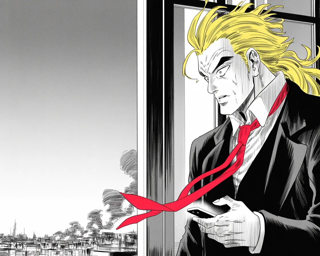 Manga panel 2 of 4, Week 66 “Bombs in His Own City”: Imposing older man with a sweeping golden pompadour mane, heavy brow, small intense eyes, strong jowled jaw, long dark suit, very long red necktie flowing like a battle banner at a high tower window…