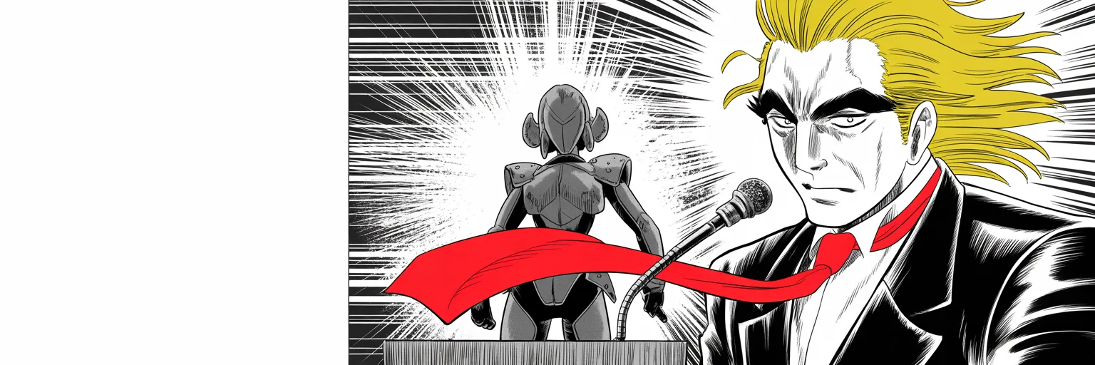Manga panel 5 of 5, Week 67 “The First Duel”: imposing older man with a sweeping golden pompadour mane, heavy brow, small intense eyes, strong jowled jaw, long dark suit, very long red necktie flowing like a battle banner at a debate podium…