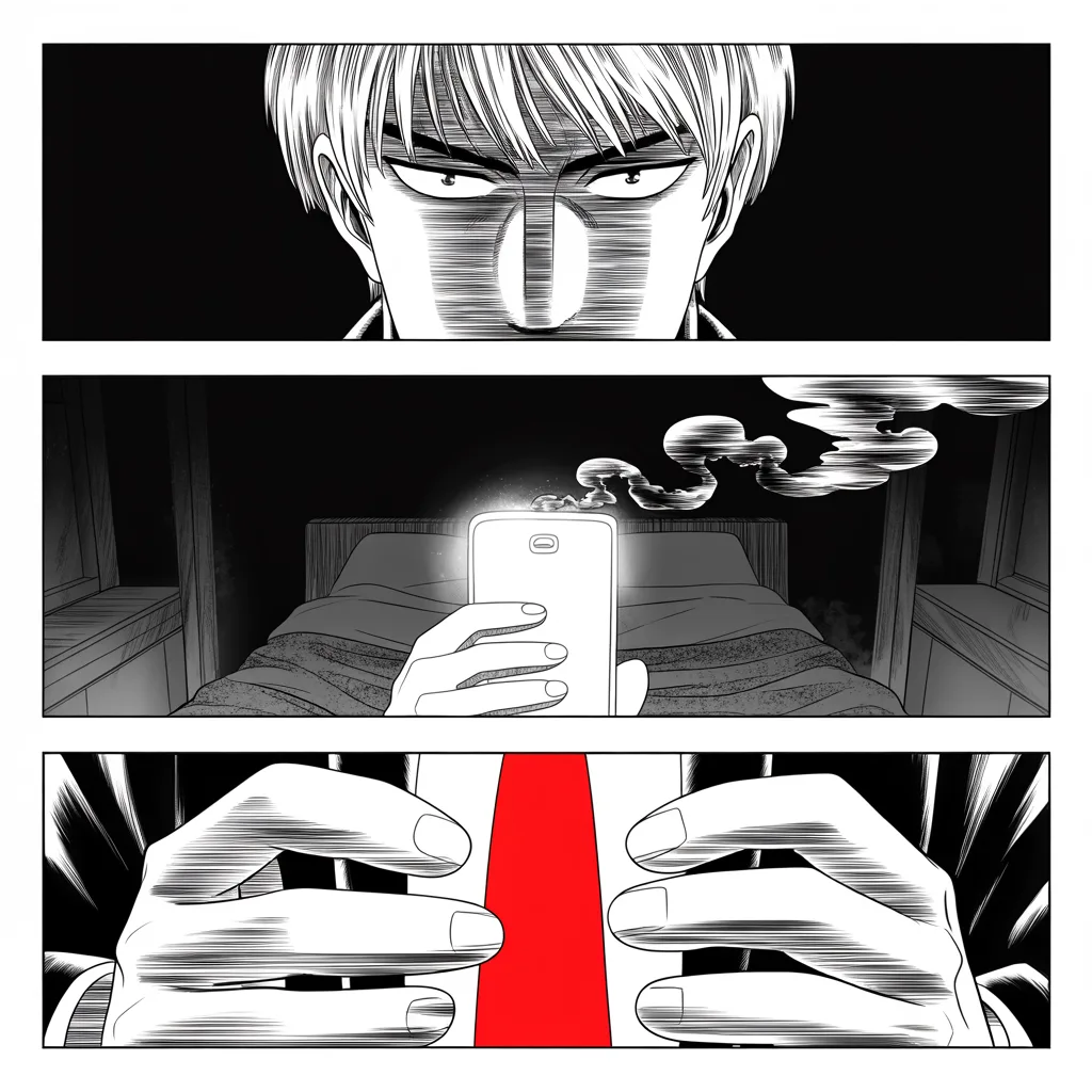 extreme close-up of thumbs over a glowing phone screen in a pitch-dark bedroom, harsh light carving a heavy-browed face out of blackness, coils of ink-black smoke curling up from the screen like slow poison