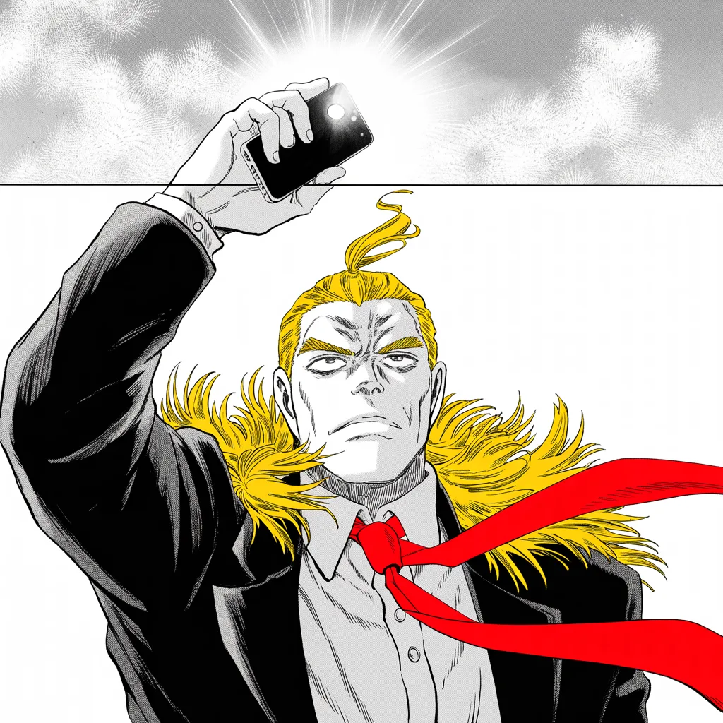 shot from below, imposing older man with a sweeping golden pompadour mane, heavy brow, small intense eyes, strong jowled jaw, long dark suit, very long red necktie flowing like a battle banner raises a glowing phone like a drawn sword against breaking dawn, mane haloed in first light