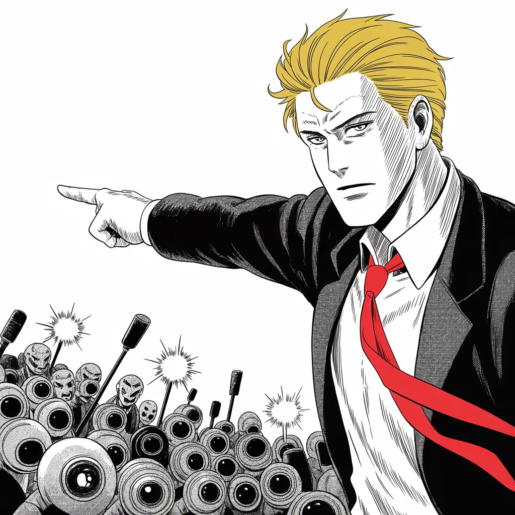 imposing older man with a sweeping golden pompadour mane, heavy brow, small intense eyes, strong jowled jaw, long dark suit, very long red necktie flowing like a battle banner hurls a pointing arm at a crowd of featureless figures with camera lenses for faces, microphone thicket, flash bursts