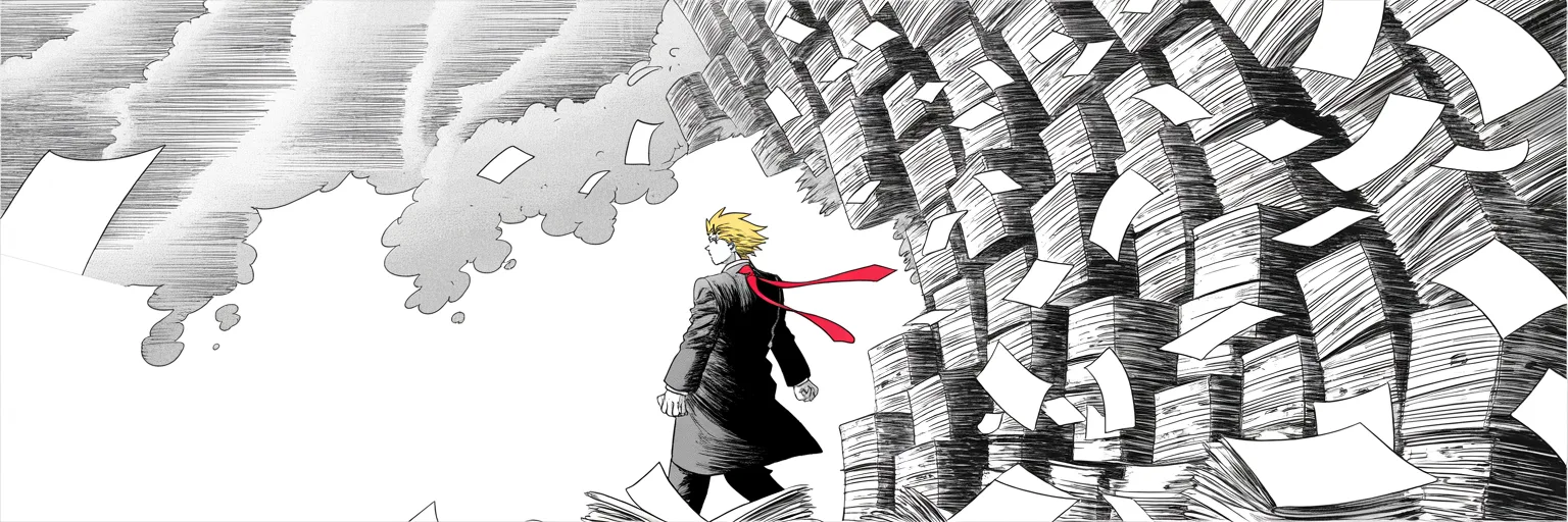 storm of old blank documents swirling through a canyon of dark newspaper-office towers; below, a lone heavyset figure in a long dark suit walks calmly through the blizzard of pages, long tie streaming behind him