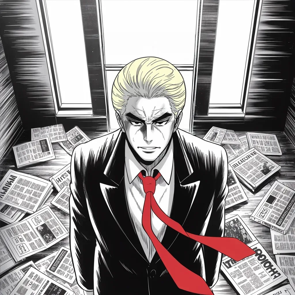Manga panel 2 of 5, Week 69 “The Week Built to Kill Him”: cold morning light through tall tower windows; imposing older man with a sweeping golden pompadour mane, heavy brow, small intense eyes, strong jowled jaw, long dark suit, very long red necktie…