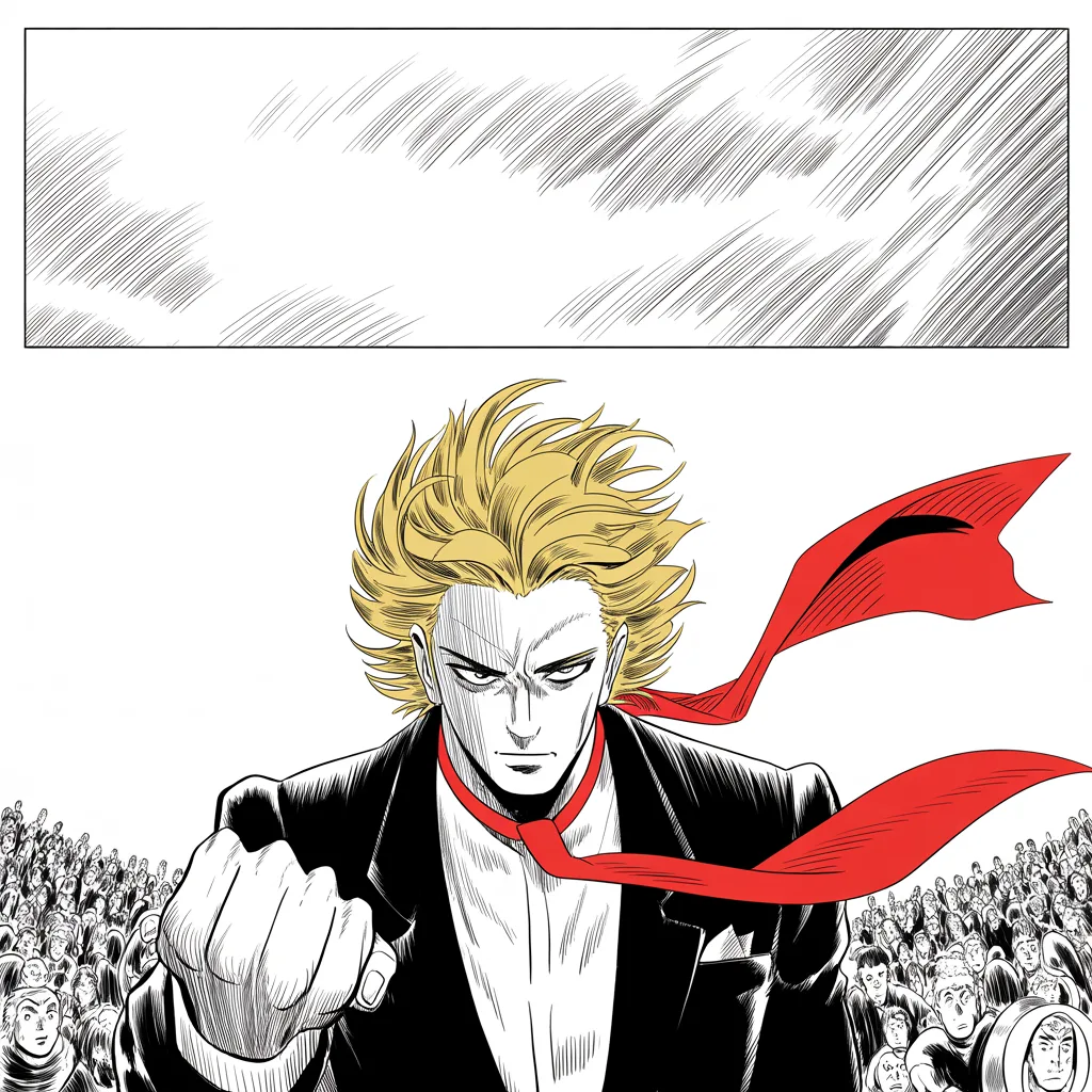 Manga panel 3 of 5, Week 69 “The Week Built to Kill Him”: shot from below, imposing older man with a sweeping golden pompadour mane, heavy brow, small intense eyes, strong jowled jaw, long dark suit, very long red necktie flowing like a battle banner…