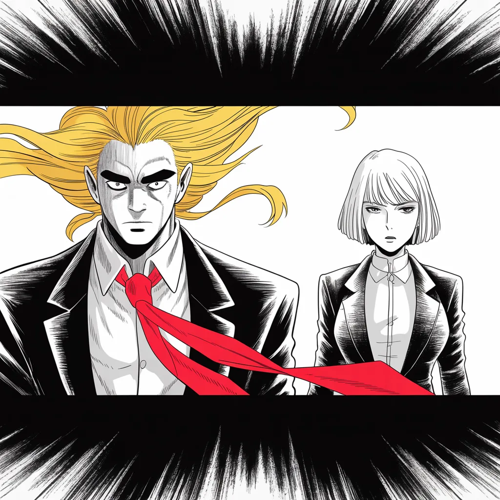Manga panel 4 of 5, Week 69 “The Week Built to Kill Him”: two facing podiums across the middle strip of the frame: imposing older man with a sweeping golden pompadour mane, heavy brow, small intense eyes, strong jowled jaw, long dark suit, very long red…