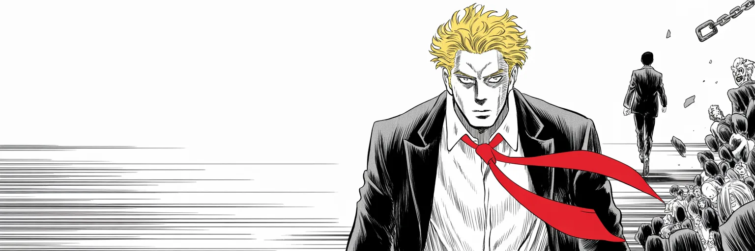 Manga panel 5 of 5, Week 69 “The Week Built to Kill Him”: a suited figure walks away into cold light in the far right distance; imposing older man with a sweeping golden pompadour mane, heavy brow, small intense eyes, strong jowled jaw, long dark suit…