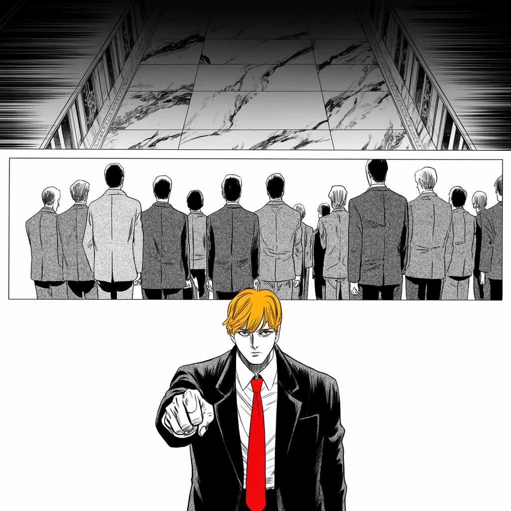 Manga panel 2 of 5, Week 70 “The Shackles Are Off”: a long row of faceless men in neat suits turning their backs and walking into shadow down a marble hall across the middle strip of the frame; in the lower foreground a heavyset figure in a long dark…