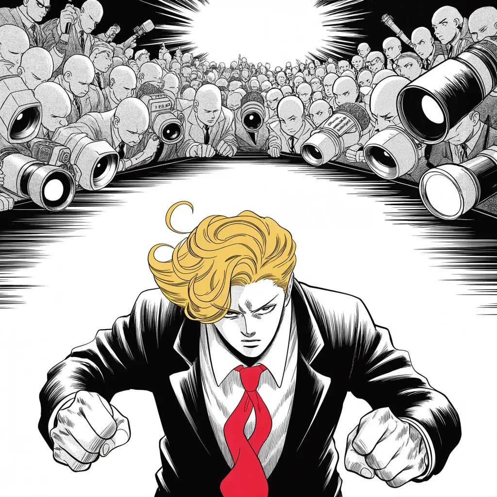 Manga panel 3 of 5, Week 70 “The Shackles Are Off”: lone heavyset man with a sweeping golden pompadour mane and very long tie in the lower half of the frame faces a surging crowd of featureless figures with camera lenses for faces pressing along the…