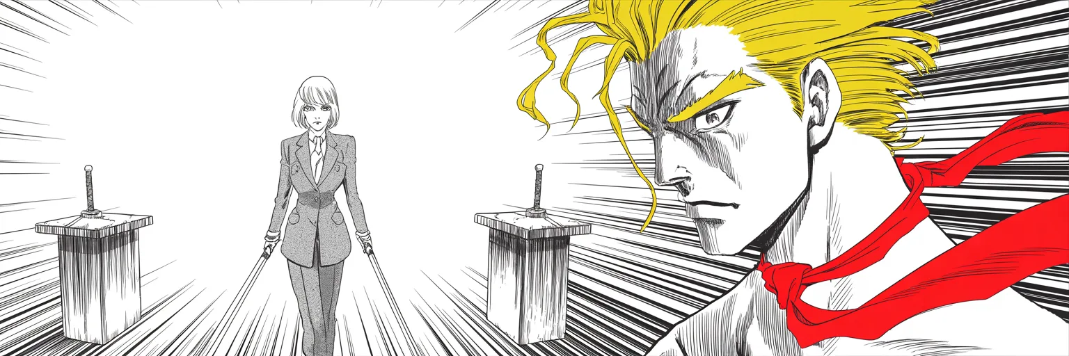 Manga panel 1 of 5, Week 71 “The Last Duel”: two facing podiums like drawn swords in a blazing arena on the right two-thirds of the frame; imposing older man with a sweeping golden pompadour mane, heavy brow, very long red necktie flowing like…