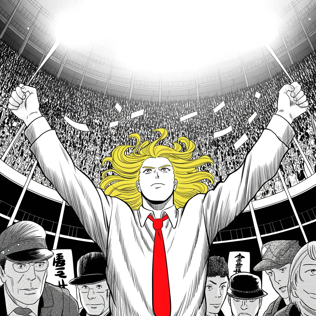 Manga panel 3 of 5, Week 71 “The Last Duel”: heavyset man with a sweeping golden pompadour mane and very long tie at a rally podium in the lower half of the frame, both arms raised in triumph to mid-frame before vast halftone crowd masses…
