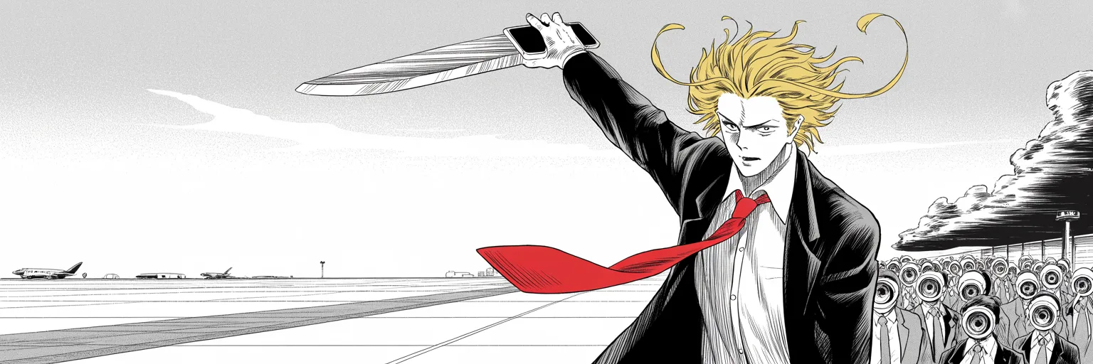 Manga panel 5 of 5, Week 71 “The Last Duel”: Ultra-wide cinemascope shot, dawn on an airport tarmac: imposing older man with a sweeping golden pompadour mane, long dark suit, very long red necktie snapping in the wind brandishes a phone…