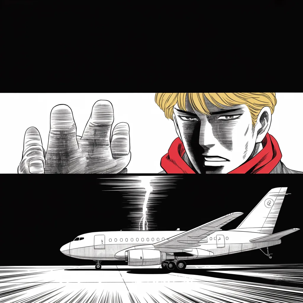 night tarmac beside a landed campaign plane; close-up of thumbs over a glowing phone screen, the light carving a heavy-browed jowled face from darkness as a single bolt of lightning splits the sky behind him