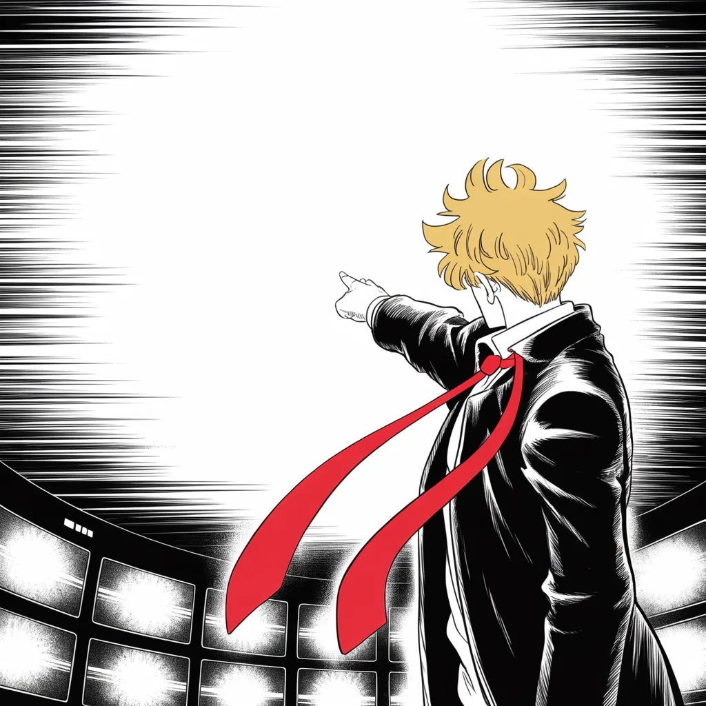 imposing older man with a sweeping golden pompadour mane, very long red necktie flowing like a battle banner thrusts an accusing finger at a crowd of featureless figures with camera lenses for faces, microphone thicket, flash bursts, speed lines converging on his glare