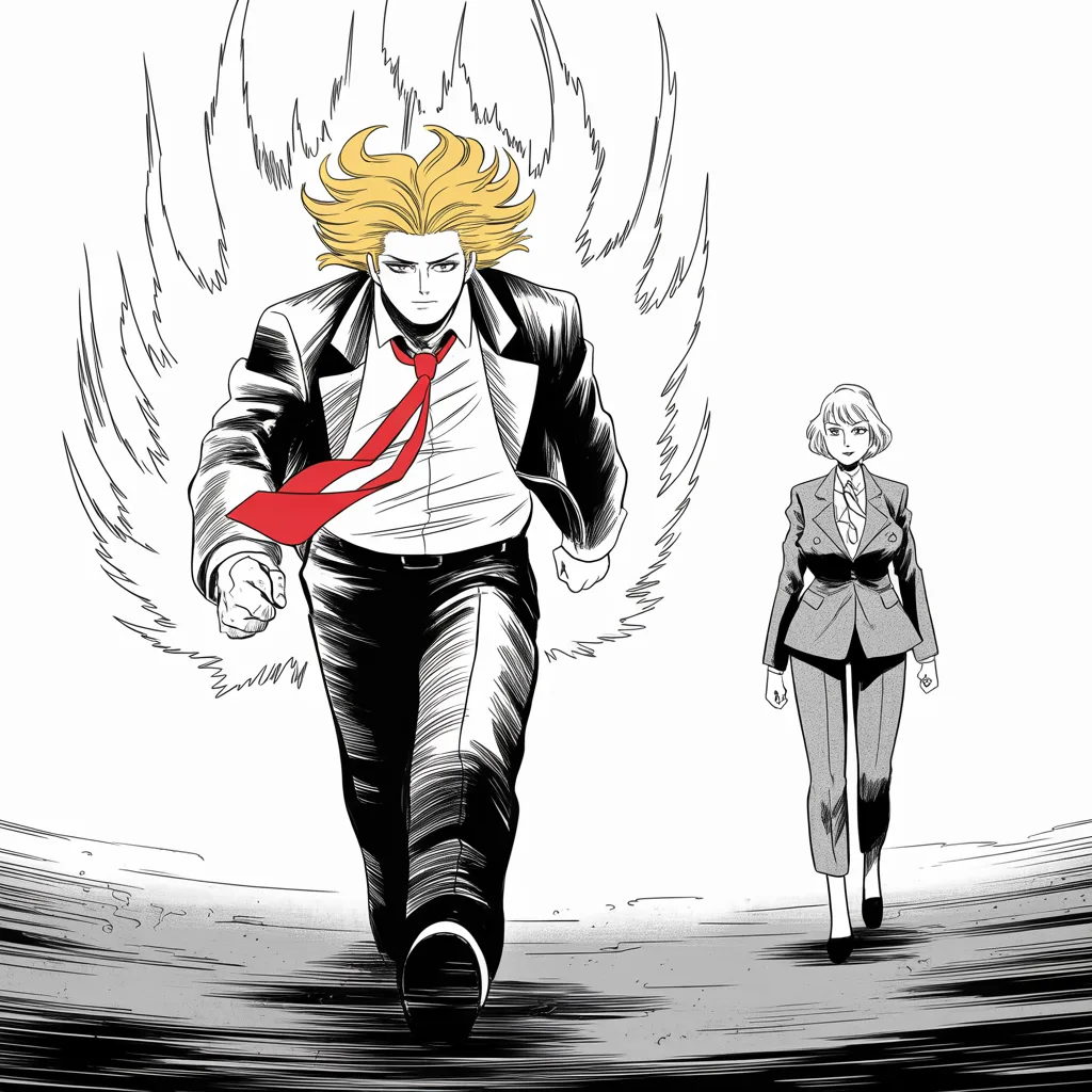 heavyset man with a sweeping golden pompadour mane and very long tie strides forward wreathed in rising battle aura lines like flame; far behind him a composed older woman with short blonde hair, tailored pantsuit like armor plating glances back, her measured strategist's gaze flickering