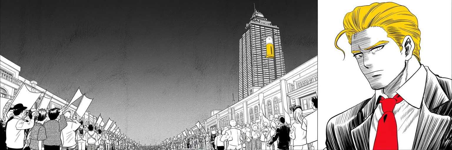 dusk over a towering fortress-like skyscraper shot from street level; halftone crowds gather in the avenue far below waving banners, while high above a heavyset silhouette with a sweeping pompadour mane watches from a single golden-lit window