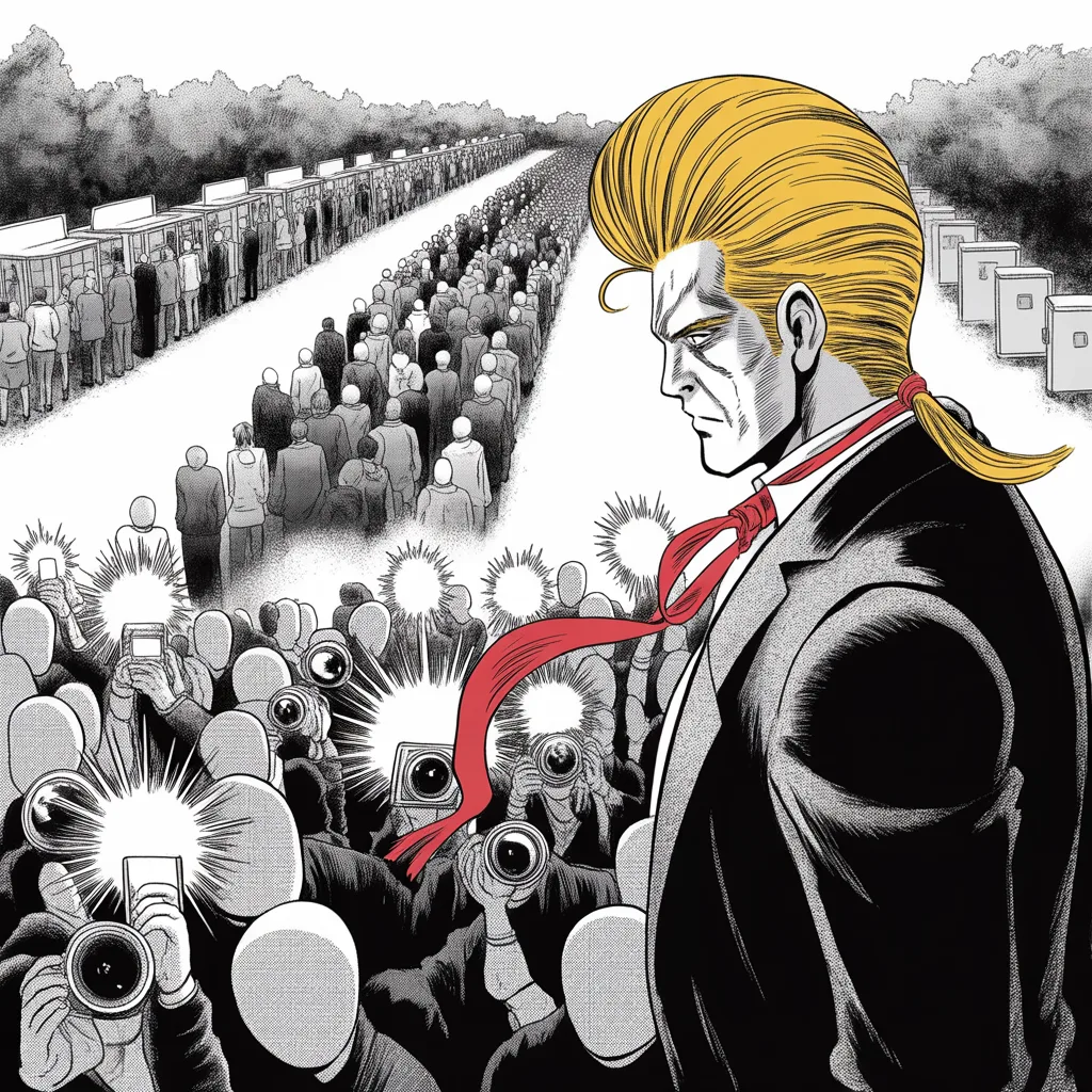 long lines of halftone citizen masses winding toward polling stations under a gray sky; an imposing older man with a sweeping golden pompadour mane and very long red necktie strides past a crowd of featureless figures with camera lenses for faces, flash bursts freezing his profile