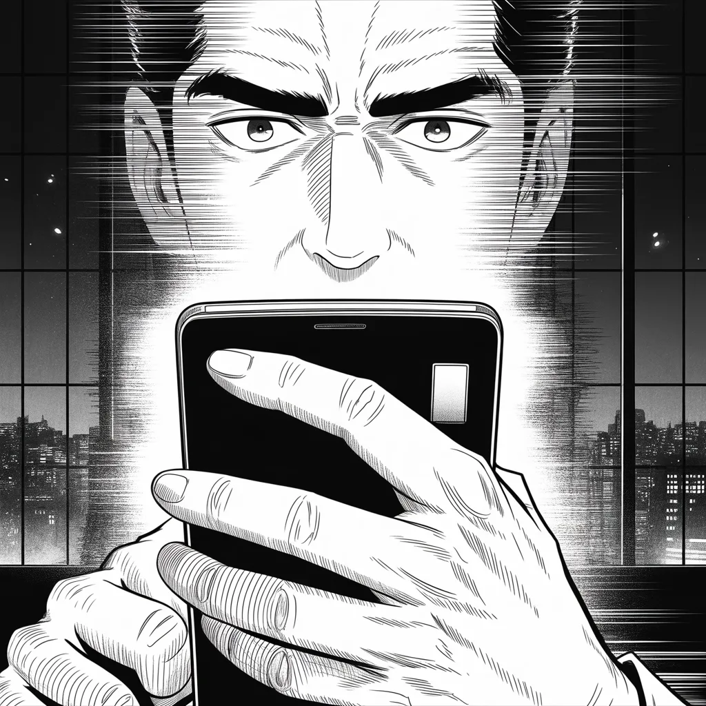 extreme close-up of thumbs over a glowing phone screen at dusk, city lights smearing through a window behind; a heavy-browed jowled face lit from below, small intense eyes blazing, speed lines radiating outward from the screen