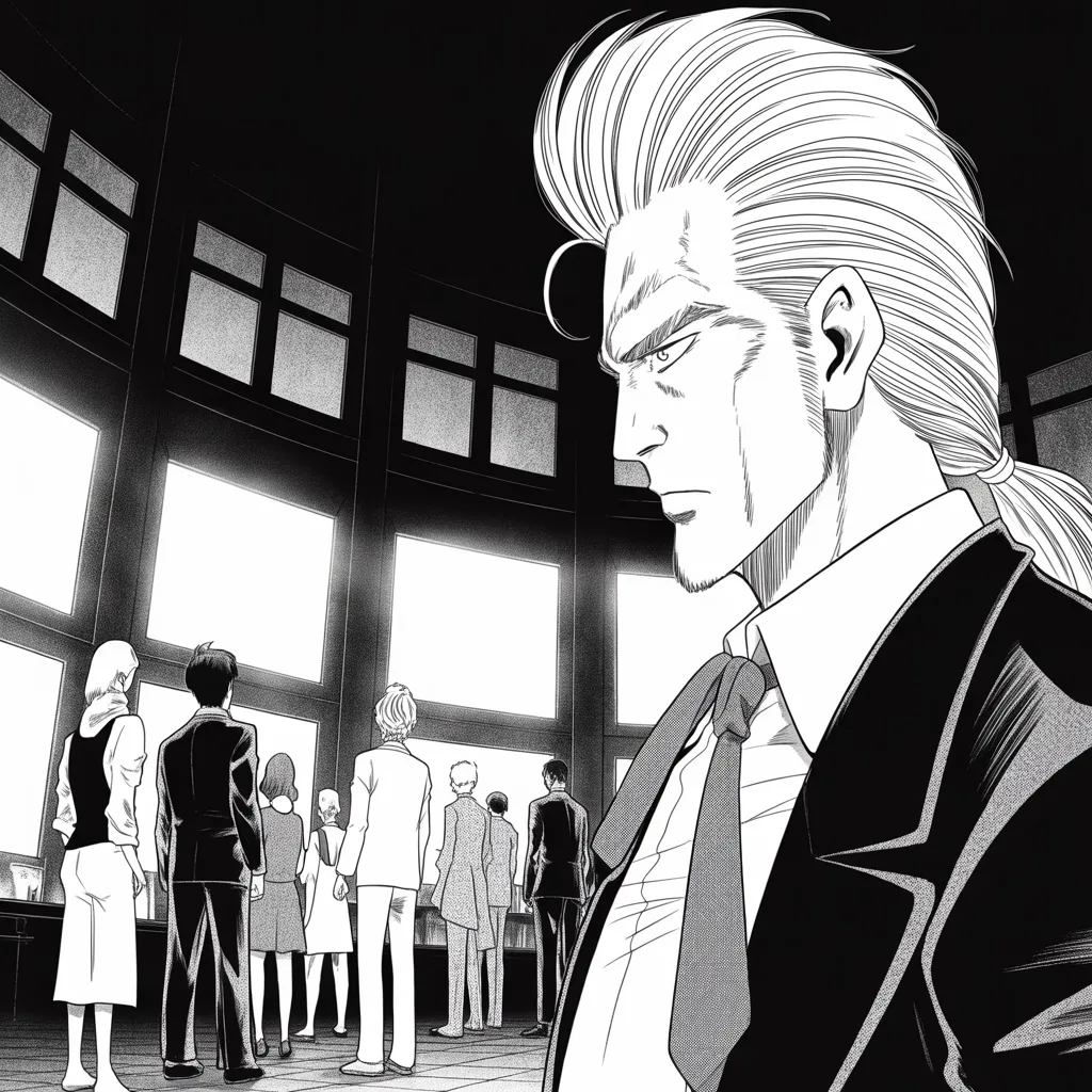 high room in a dark tower at night, family and allies as silhouettes gathered before glowing wall screens; an imposing older man with a sweeping golden pompadour mane and very long red necktie stands motionless at the center, screen light carving his heavy brow from shadow