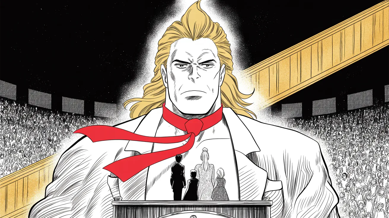 imposing older man with a sweeping golden pompadour mane, heavy brow, very long red necktie flowing like a battle banner at a victory podium in the small hours, vast halftone crowds, mane haloed by stage light, family silhouettes behind, a golden escalator diagonal gleaming above, shot from below